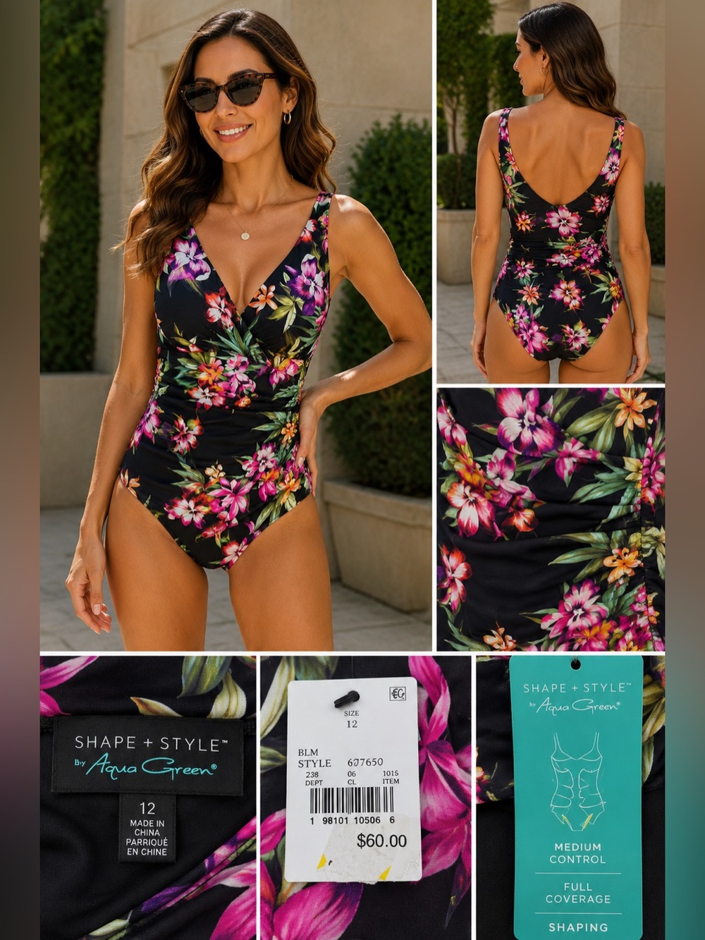 Shape + Style by Aqua Green Floral One Piece Swimsuit Size 12 NWT Full Coverage